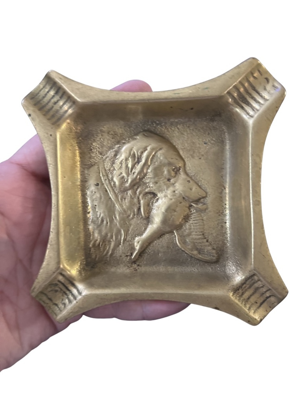 Brass Ashtray with Dog holding a bird 5”